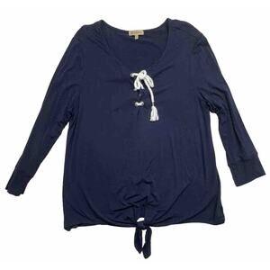 Democracy Womens Size XL Navy Blue Tie‎ Front Detail Top Rayon Spandex Nautical
